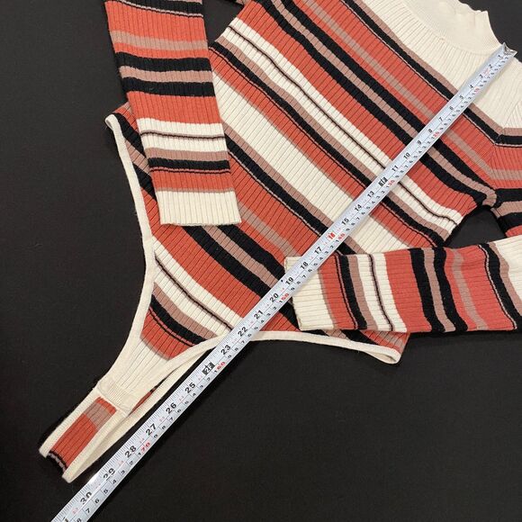 ~ Bodysuit XL Thong Stripe Knit* Mock Turtleneck Long Sleeve Snaps Brown Cream - Picture 8 of 13